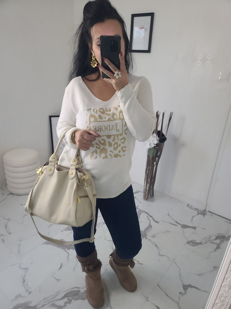 Pull "J'ADORE" blanc