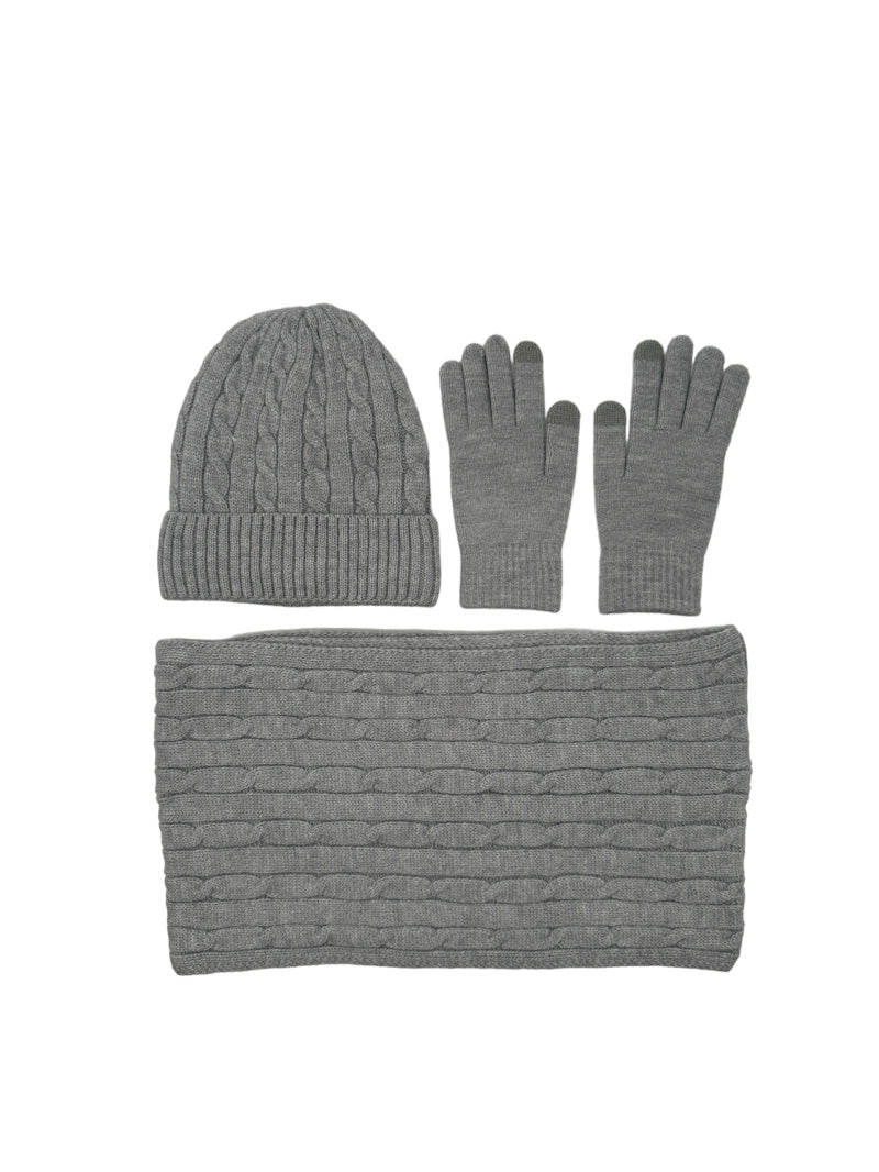Ensemble bonnet/gants/écharpe gris